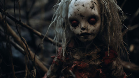 the antique porcelain doll, surrounded by eerie shadows, stares hauntingly into the distance, its worn face a testament to years of forgotten memories, nestled among the twisted roots and overgrown underbrush of a creepy, abandoned forest, evoking a sense of foreboding and unease. ai generatedの素材