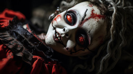 the porcelain doll's frozen stare and cracked smile evoke an unsettling atmosphere in this close-up photograph, capturing the eerie essence of frightening dreams and nightmares, where the lines between reality and fantasy blur, leaving the viewer with a sense of unease and discomfort. ai generatedの素材