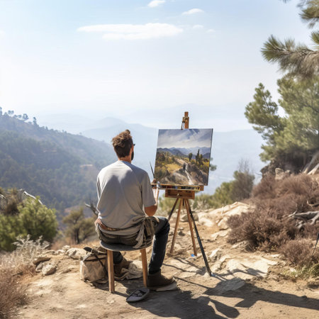 the artist, surrounded by lush greenery, sets up an easel in the midst of a serene landscape, capturing the fleeting effects of natural light in a beautiful plein air painting, evoking feelings of tranquility and connection to nature, as the white background subtly highlights the vibrant colors of the artwork. ai generatedの素材
