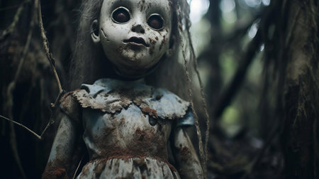 the creepy doll, surrounded by eerie shadows, stares intensely into the camera, its porcelain face frozen in a haunting expression, set against the ominous backdrop of a dark and foreboding forest, evoking a sense of unease and mystery. ai generatedの素材