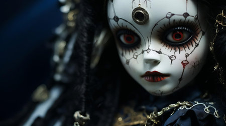 the doll, surrounded by eerie shadows, stares intensely with its glassy eyes, creating a spine-tingling atmosphere in this haunting close-up photo, evoking feelings of unease and foreboding, perfect for fans of horror and the supernatural. ai generatedの素材
