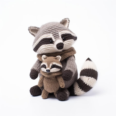 the adorable knitted raccoon sits proudly against a crisp white background, showcasing its intricate stitching and soft, cuddly texture, perfect for nature lovers and craft enthusiasts alike, highlighting the beauty of handmade amigurumi toys and winter accessories. ai generatedの素材