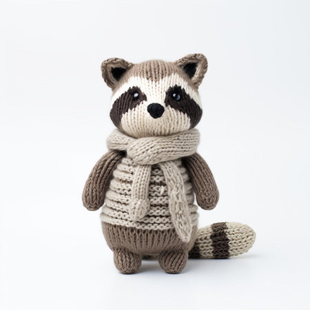 the adorable knitted raccoon sits proudly against a crisp white background, showcasing its intricately stitched fur and endearing facial features, perfect for nature lovers and craft enthusiasts alike, highlighting the art of handmade knitting and wildlife-inspired home decor. ai generatedの素材