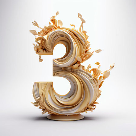 "anniversary decoration featuring a stunning 3d number three on a pristine white isolated background, perfect for celebrating three years of love, friendship, or business milestones, adding a touch of modern elegance to any digital or print design project.", ai generatedの素材