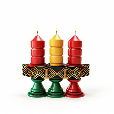 the kwanzaa kinara, a seven-branched candleholder, is beautifully rendered in 3d on a pristine white isolated background, showcasing the vibrant colors and intricate details of this symbolic centerpiece of the week-long african-american celebration of unity, self-determination, and collective work. ai generatedの素材