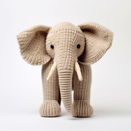 this adorable knitted elephant sits proudly against a crisp white background, showcasing its intricate stitching and soft, cuddly texture, perfect for nursery decor or as a gift for elephant lovers, evoking feelings of warmth and nostalgia. ai generatedの素材