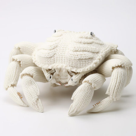 the knitted crab, crafted with precision and care, sits proudly against a pristine white background, showcasing its intricate details and vibrant colors, evoking a sense of whimsy and playfulness, perfect for marine life enthusiasts and crafty individuals alike, highlighting the beauty of handmade textiles. ai generatedの素材