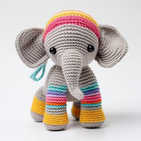 this adorable knitted elephant sits proudly against a crisp white background, showcasing its intricate stitching and soft, cuddly texture, perfect for a nursery or child's bedroom decoration, evoking feelings of warmth and playfulness in any space. ai generatedの素材