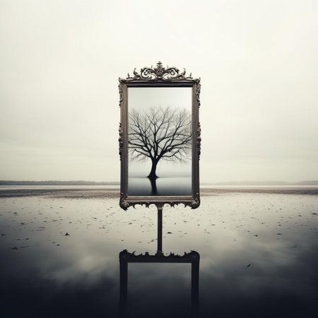 the mirror stands alone against a simplistic white background, its sleek reflective surface capturing the subtle play of light and shadow, evoking a sense of serenity and minimalism in this stunning photographic still life, perfect for interior design and home decor inspiration. ai generatedの素材