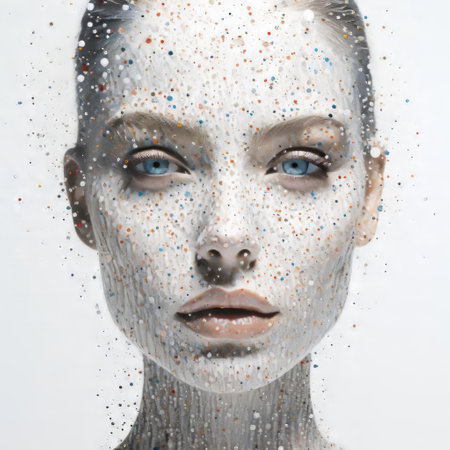 the painting features intricate pointillism artwork set against a pristine white background, showcasing a mesmerizing display of tiny dots in various colors, creating a stunning visual effect that explores the boundaries of modern art, texture, and composition. ai generatedの素材