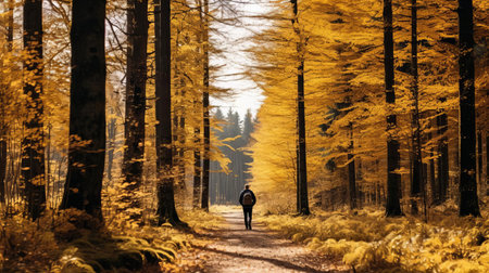 gary walks along the serene autumn forest trail, surrounded by vibrant orange and yellow leaves, crunching beneath his feet, as the warm sunlight filters through the trees, casting a cozy ambiance, perfect for a peaceful hike on a crisp fall day in the woods. ai generatedの素材