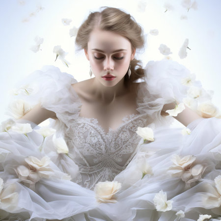 "elegant woman stands out against a serene white background, exuding romance and sophistication in her flowing white gown, surrounded by delicate flowers and soft candlelight, evoking feelings of intimacy and luxury in this dreamy, ethereal atmosphere, perfect for wedding inspiration or romantic getaways.", ai generatedの素材