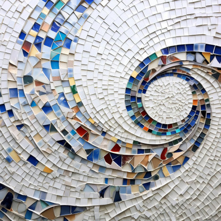 the mosaic, comprising small, intricately arranged tiles, shines brightly against a pristine white background, showcasing its vibrant colors and geometric patterns, perfect for decorative accents in modern interior design, home decor, and architectural features. ai generatedの素材