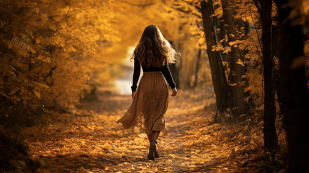 cynthia strolls along the serene autumn forest trail, surrounded by vibrant orange and yellow leaves, crunching beneath her feet, as the warm sunlight filters through the trees, casting a cozy ambiance, perfect for a peaceful hike on a crisp fall day. ai generatedの素材