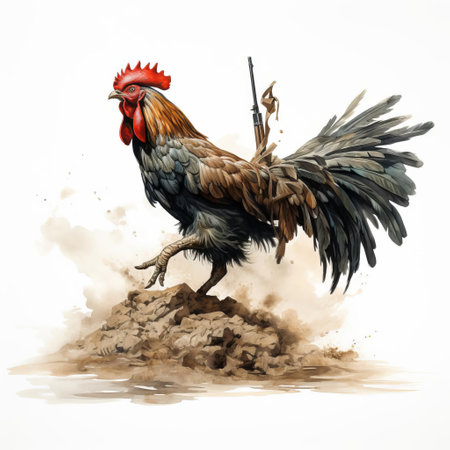 the rooster, proudly displaying its vibrant plumage, stands isolated on a pristine white background, its fierce gaze and strong build evoking a sense of rural ruggedness, perfect for agricultural, farm, or wildlife enthusiasts seeking high-quality bird photography for their projects or collections. ai generatedの素材