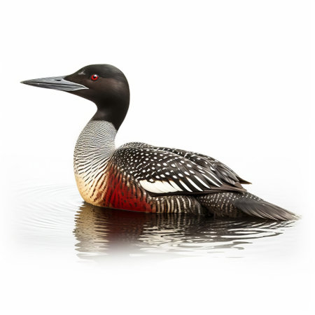 the common loon, a majestic aquatic bird, is showcased in a stunning isolated pose on a pristine white background, highlighting its distinctive black and white feathers, sharp beak, and piercing eyes, perfect for nature enthusiasts and wildlife photography lovers. ai generatedの素材