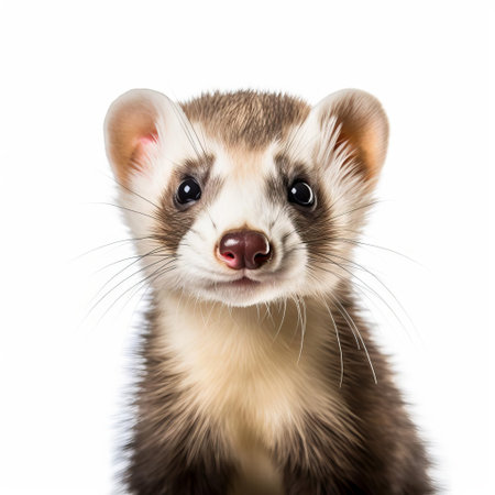 the ferret, with its slender body and curious eyes, poses elegantly against a pristine white background, showcasing its soft, velvety fur and playful demeanor, perfect for ferret enthusiasts and animal lovers alike, highlighting the beauty of these charming, carnivorous mammals in a studio setting. ai generatedの素材