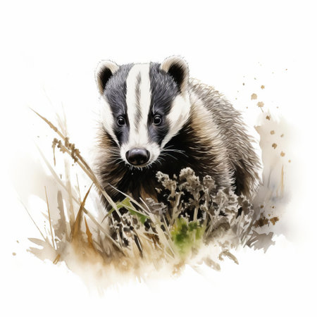 the badger, with its distinctive white stripes on its forehead, stands out against a pristine white background, showcasing its unique fur pattern and cute facial features, highlighting its adaptation to underground living and nocturnal habits in the wild. ai generatedの素材