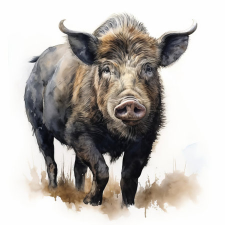 the boar, majestically depicted in a realistic style reminiscent of watercolor, boasts soft, blended brushstrokes and a muted color palette, evoking a sense of authenticity, while the clean white background accentuates its features and creates a sense of depth, drawing the viewer's eye to its rugged beauty. ai generatedの素材