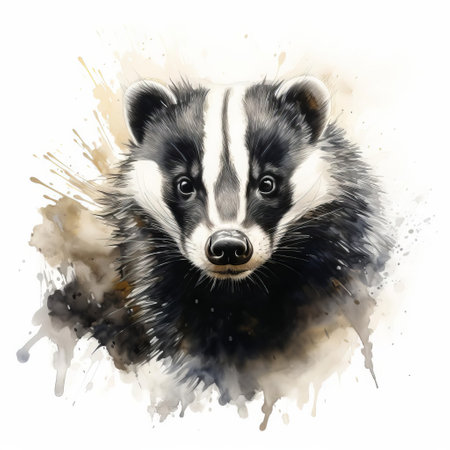 badger, with its distinctive white stripes on its forehead, poses elegantly in a pristine white background, showcasing its unique fur pattern and cute facial expression, highlighting its adaptability to various environments and its importance in european ecosystems and wildlife conservation efforts. ai generatedの素材