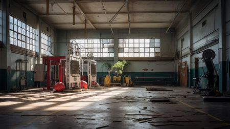 the gym, with its worn-out equipment and faded walls, stands in dire need of renovation, awaiting a fresh makeover to restore its former glory and provide a safe, modern space for fitness enthusiasts to work out and reach their goals. ai generatedの素材