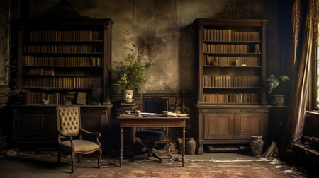 the cluttered study, surrounded by old furniture and dusty bookshelves, desperately needs a renovation to transform it into a modern and organized workspace, perfect for students, writers, and professionals seeking a productive environment, with ample natural light and sleek decor. ai generatedの素材