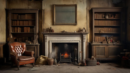 the cluttered study, filled with old books and dusty furniture, desperately needs a renovation to transform it into a modern and organized workspace, perfect for students and professionals alike, with a fresh coat of paint, new flooring, and updated lighting fixtures. ai generatedの素材