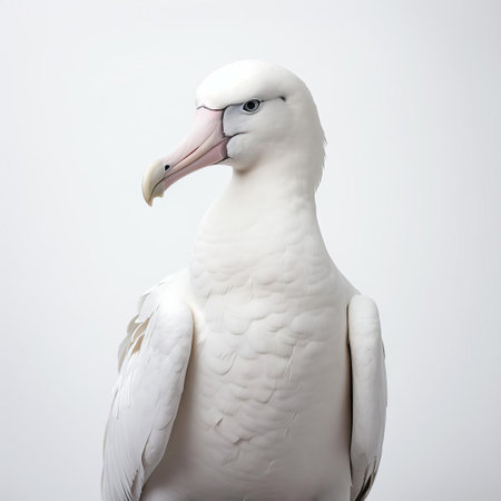 the albatross, a majestic seabird with impressive wingspan, is beautifully captured in a stunning white background, showcasing its snow-white feathers, strong beak, and piercing gaze, evoking a sense of freedom and elegance, perfect for nature lovers and bird enthusiasts alike. ai generatedの素材