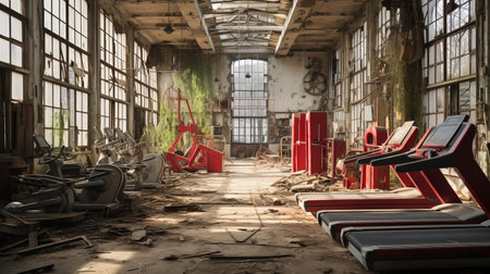 the abandoned gym, once a hub for fitness enthusiasts, now stands in disrepair, its worn-out equipment and faded walls crying out for a much-needed renovation, a testament to the importance of regular maintenance and upkeep in preserving a safe and healthy workout environment. ai generatedの素材