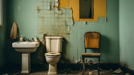 bathroom, in dire need of renovation, features outdated fixtures, worn-out tiles, and a faded color scheme, highlighting the importance of a makeover to transform this space into a modern oasis, perfect for relaxation and rejuvenation, with a fresh new look and feel. ai generatedの素材