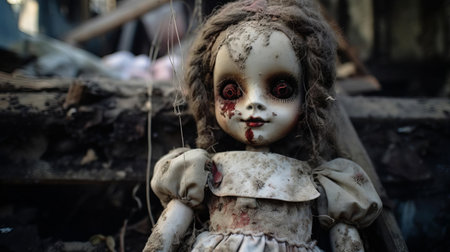 the antique porcelain doll sits eerily still on a worn, wooden surface, surrounded by the mysterious ambiance of a haunted island, its glassy eyes seeming to hold secrets of the past, evoking a sense of foreboding and unease, as if frozen in time, waiting to unravel its dark tale. ai generatedの素材