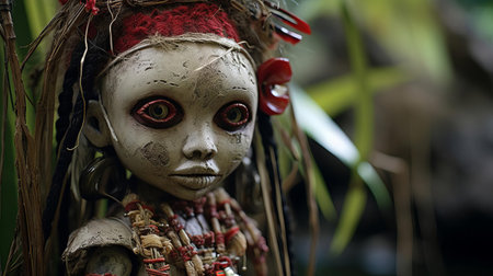 the doll, with its eerie gaze and worn porcelain skin, sits isolated on a haunted island, surrounded by mysterious shadows and overgrown vegetation, evoking a sense of foreboding and abandonment, perfect for fans of paranormal activity and spooky landscapes. ai generatedの素材