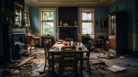 abandoned rooms style is characterized by a harmonious blend of blue walls and brown trim, creating a cozy and inviting atmosphere, but the floor is littered with debris, adding a sense of abandonment and neglect to the scene, evoking feelings of nostalgia and forgotten memories in this vintage-inspired interior. ai generatedの素材