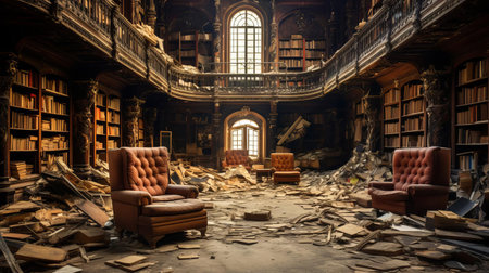 the library, surrounded by worn-out bookshelves and faded walls, stands in dire need of renovation, its once-grand architecture now overshadowed by peeling paint and outdated furniture, crying out for a modern makeover to restore its former glory and provide a welcoming space for book lovers. ai generatedの素材