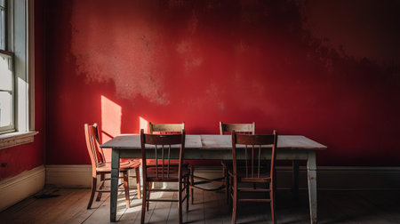 the dining area, in dire need of renovation, showcases a worn-out space with outdated furniture, faded wallpaper, and a chipped floor, crying out for a fresh coat of paint, new decor, and a modern makeover to revive its former glory and functionality. ai generatedの素材