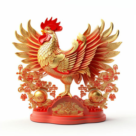 the rooster is set against a backdrop of intricate, ornate designs, featuring a mix of vibrant red and gold hues, evoking the grandeur of traditional chinese art, with bold lines and geometric patterns that evoke a sense of cultural heritage and ancient symbolism in asian mythology. ai generatedの素材