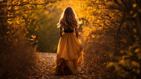 constance walks alone on the serene autumn forest trail, surrounded by vibrant orange and yellow leaves, crunching beneath her feet, as the warm sunlight filters through the trees, casting a golden glow on the rustic woodland scenery. ai generatedの素材