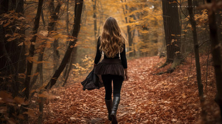 teresa walks alone on the serene autumn forest trail, surrounded by vibrant orange and yellow leaves, crunching beneath her feet, as the warm sunlight filters through the trees, casting a cozy atmosphere, perfect for a peaceful hike on a crisp fall day. ai generatedの素材