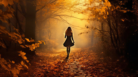 helen walks serenely along the winding autumn forest trail, surrounded by vibrant orange and yellow leaves that crunch beneath her feet, as the warm sunlight filters through the trees, casting a cozy ambiance on this scenic hike through nature's colorful canvas. ai generatedの素材