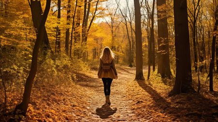 kimberly walks solo on the serene autumn forest trail, surrounded by vibrant orange and yellow leaves, crunching beneath her feet, as the warm sunlight filters through the trees, casting a cozy atmosphere, perfect for a peaceful hike on a crisp fall day. ai generatedの素材