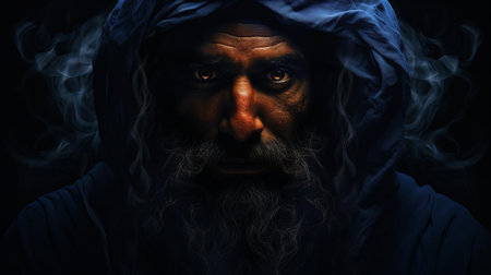 the jinn, a mythical supernatural being in arabian and islamic mythology, is majestically posed against a dramatic black background, its ethereal essence and mystical aura captivating the viewer, evoking a sense of ancient mysticism and middle eastern folklore. ai generatedの素材