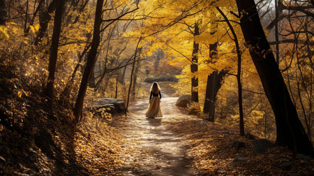 teresa walks along the serene autumn forest trail, surrounded by vibrant orange and yellow leaves, crunching beneath her feet, as the warm sunlight filters through the trees, casting a cozy ambiance, perfect for a peaceful hike on a crisp fall day. ai generatedの素材