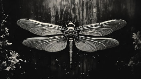 the dragonfly, a captivating film still, showcases the exquisite work of german photographer karl blossfeldt, highlighting the intricate details and textures of a dragonfly's body, its delicate wings and iridescent eyes, set against a soft, blurred background, exemplifying blossfeldt's pioneering approach to botanical and insect photography. ai generatedの素材