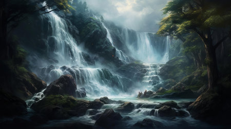the majestic waterfall cascades down the rocky cliff, surrounded by lush greenery and misty atmosphere, creating a serene and peaceful ambiance, perfect for nature lovers and photographers to capture its beauty and tranquility in the midst of a dense forest landscape. ai generatedの素材