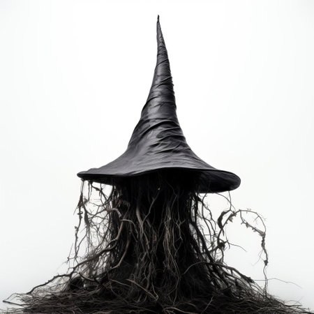the witch hat, a symbol of magic and mystique, sits elegantly against a pristine white background, its pointy tip and wide brim evoking feelings of fantasy and wonder, perfect for halloween or costume party decorations, adding a touch of spooky charm to any setting. ai generatedの素材
