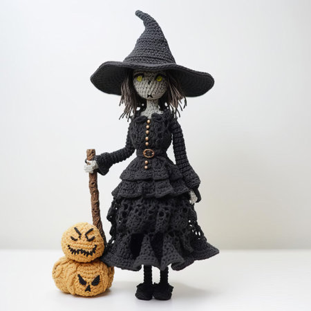 the witch, adorned in a intricately knitted black dress and pointed hat, stands proudly against a crisp white background, showcasing her mystical aura and eerie charm, perfect for halloween decorations, witchcraft enthusiasts, and fans of mystical folklore. ai generatedの素材