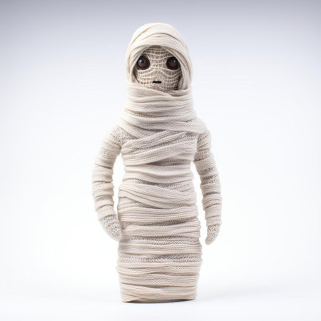 this adorable knitted mummy stands proudly against a crisp white background, showcasing its intricate stitching and soft, cuddly texture, perfect for a nursery decoration or a unique gift for baby lovers, capturing the essence of handmade craftsmanship and winter coziness. ai generatedの素材