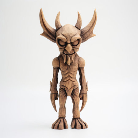 the wooden demon figurine, meticulously handcrafted from natural wood, stands proudly on a pristine white background, showcasing its intricate details and textures, evoking a sense of mystique and ancient mythology, perfect for collectors of unique wooden sculptures and fantasy art enthusiasts. ai generatedの素材