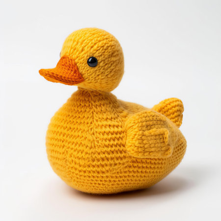 the knitted duck, perched on a pristine white background, showcases intricate stitching and vibrant yellow beak, evoking a sense of whimsy and playfulness, perfect for nursery decor or as a quirky gift for duck enthusiasts, highlighting the art of handmade knitting and textile craftsmanship. ai generatedの素材