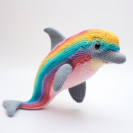the knitted dolphin, crafted with precision and care, sits proudly against a pristine white background, showcasing its vibrant colors and intricate details, perfect for marine life enthusiasts and crafty individuals alike, evoking feelings of playfulness and serenity. ai generatedの素材